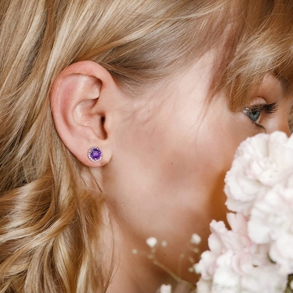 February 18k White Gold Amethyst Birthstone Diamond Halo Stud Earrings S925 Gem - Picture 3 of 5